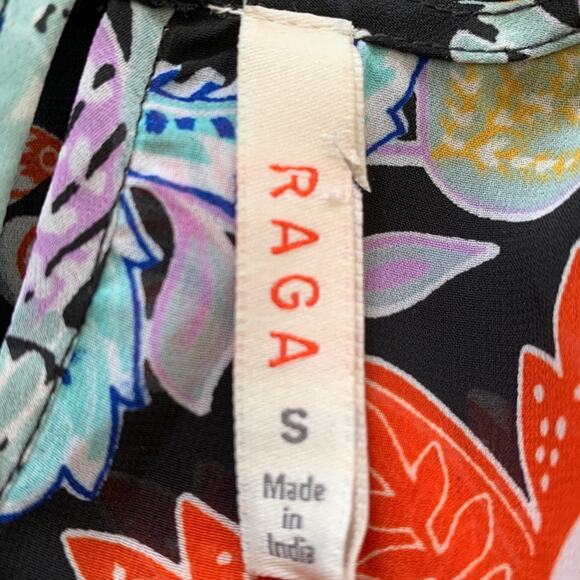 RAGA Anthropologie Blouse Tassel 3/4 Sleeve V-Neck Black Orange Floral Top Small - Picture 2 of 15